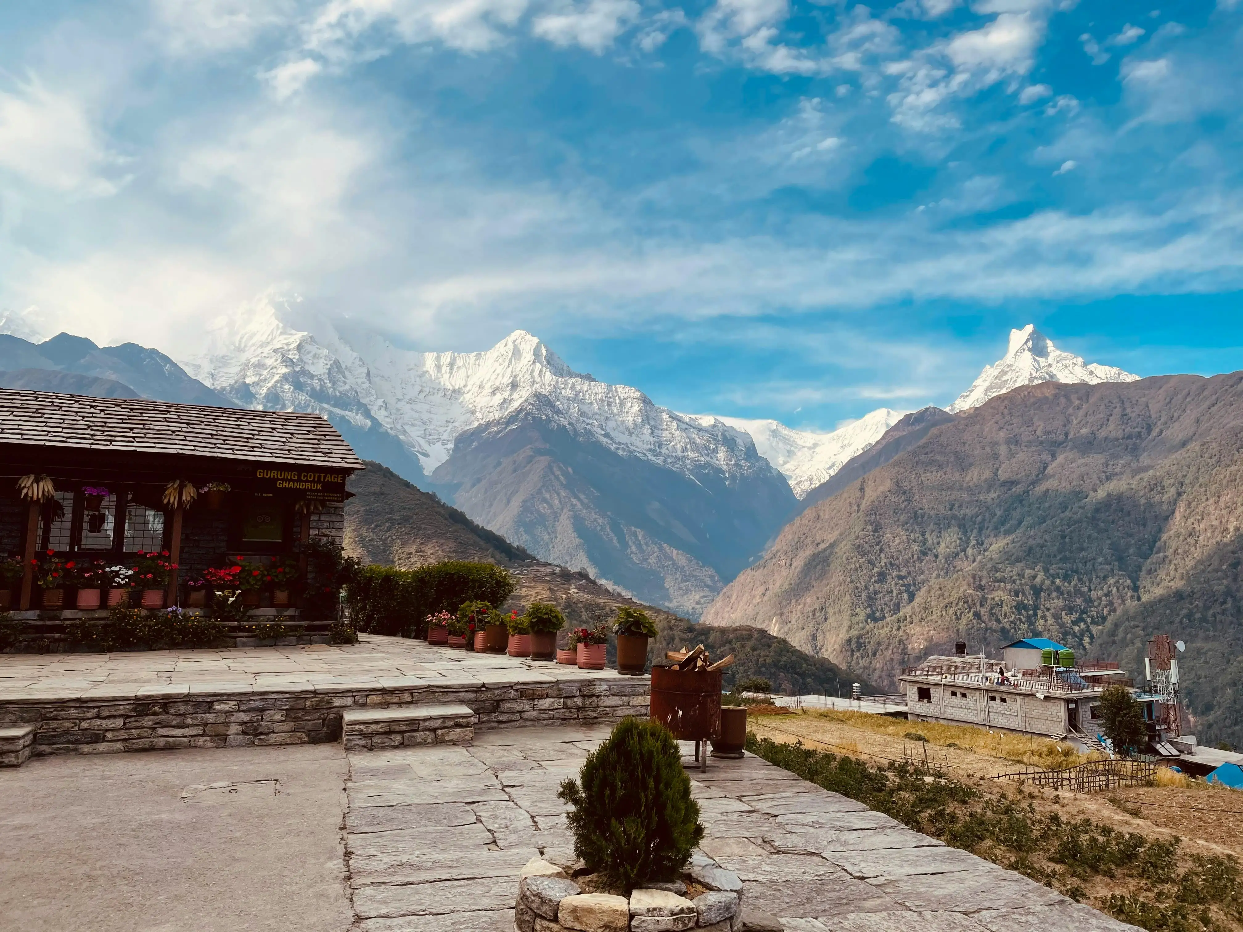 The breathtaking stone village of Ghandruk with Annapurna South and Machhapuchhre in the background.